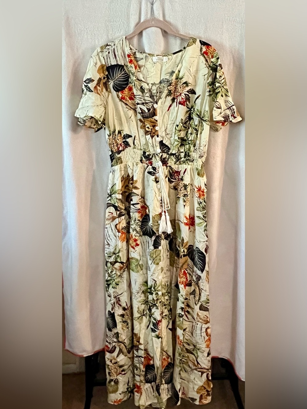 Floral Cream Maxi Dress with Drawstring Waist